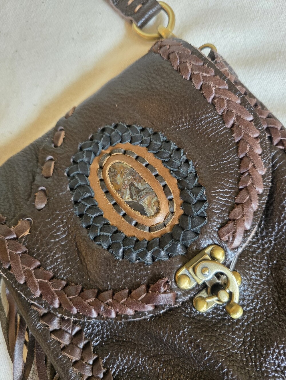 Women's Dark Brown Leather Crossbody Bag with Braided Detail